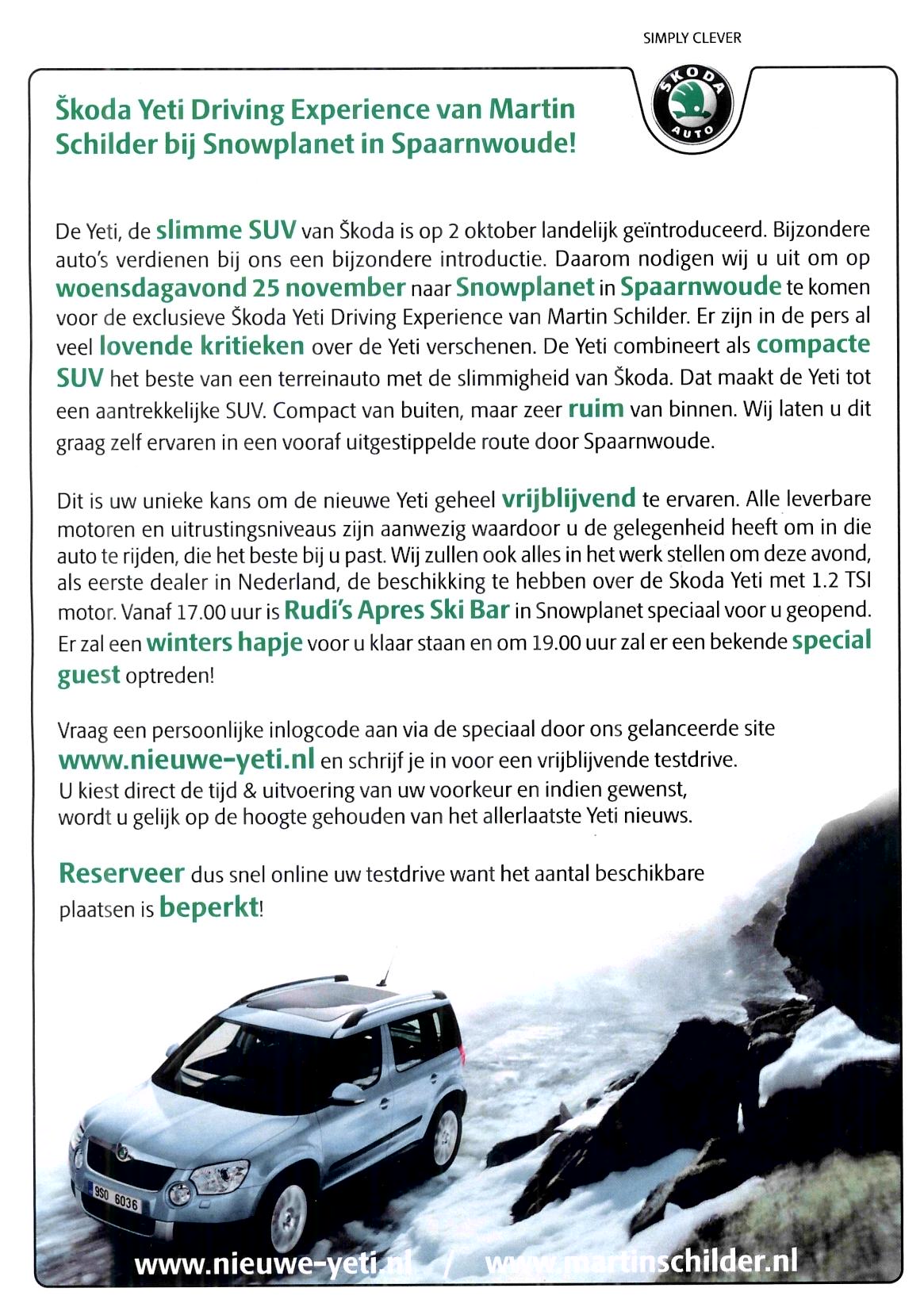 Skoda Yeti Proefrit event geheel VOLgeboekt